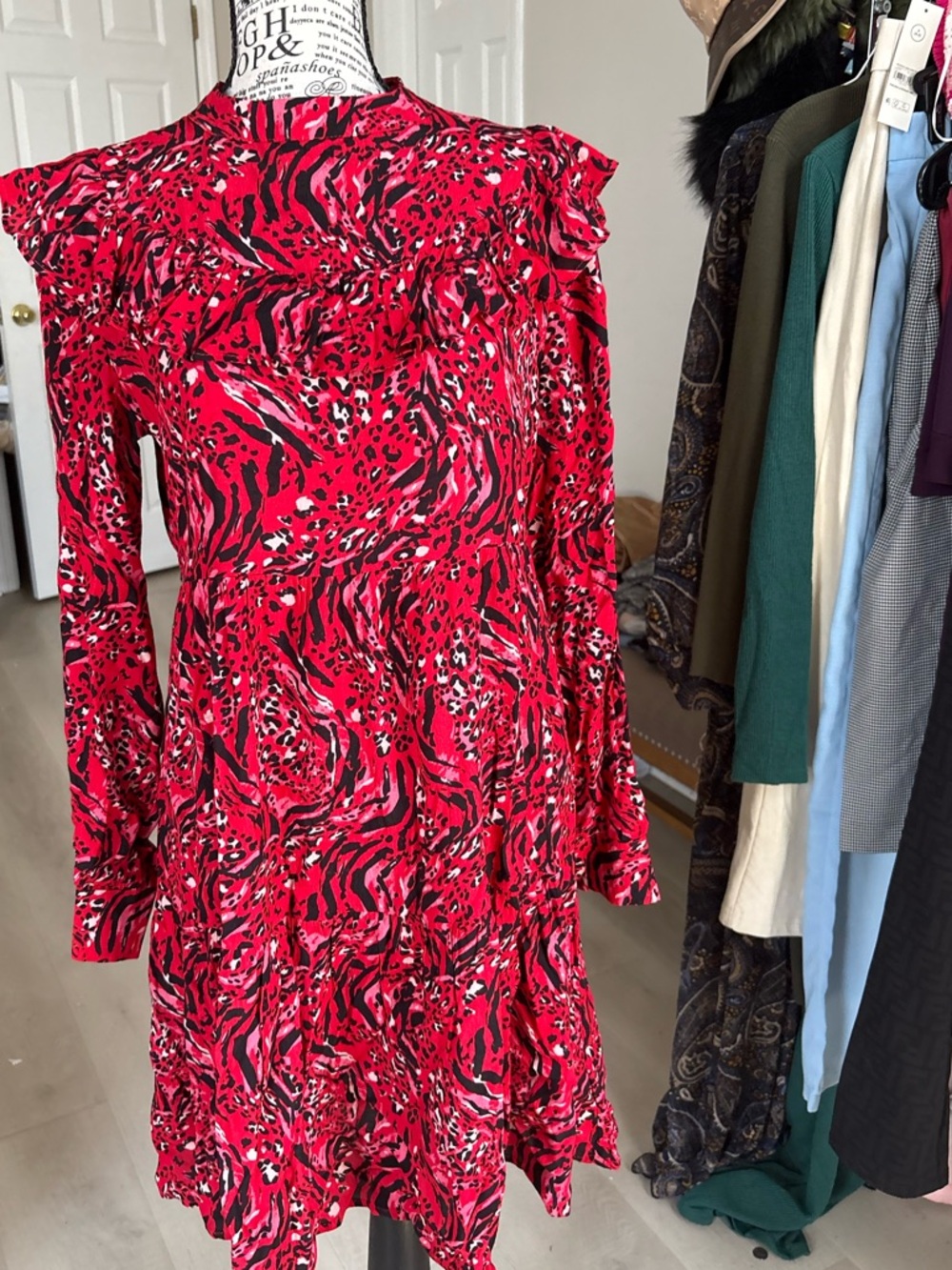 Time & Tru Women's Red Animal-Print Ruffle Long-Sleeve Dress